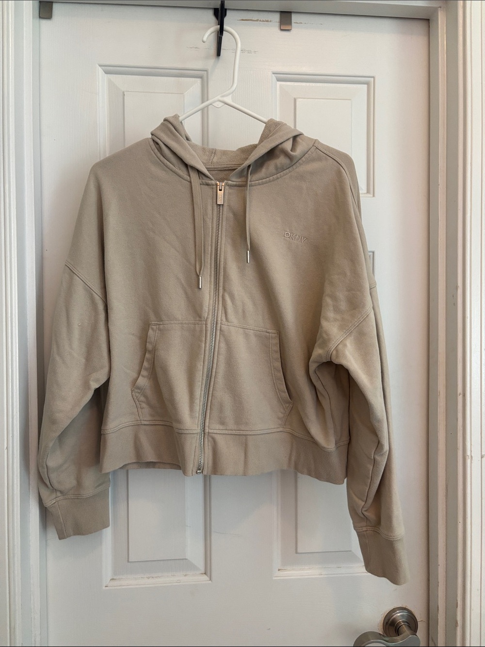 DKNY Cropped Zip-Up Hoodie Jacket in Beige